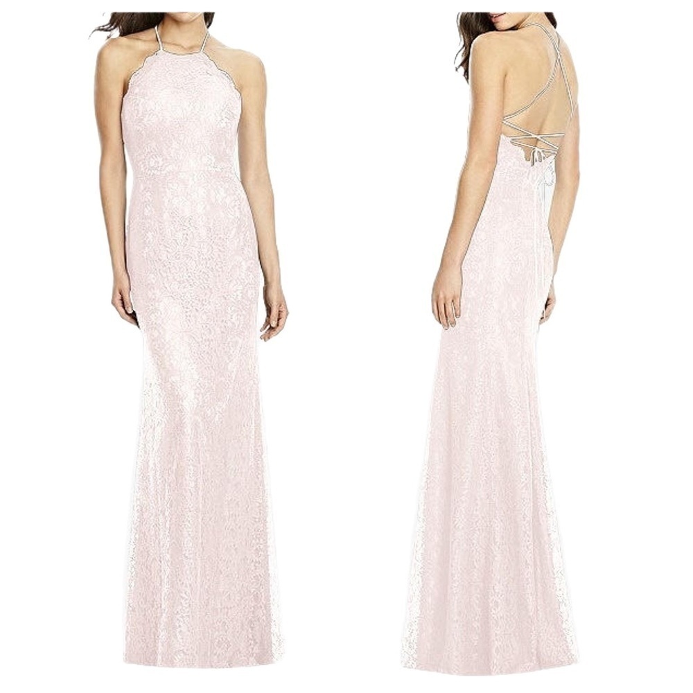 Dessy Collection Women’s Halter Open-Back Lace Trumpet Gown Pink Size 14